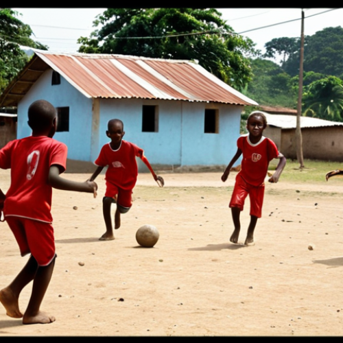 **Prompt:** A vibrant outdoor scene in Gabon, capturing the raw passion of local football. Young Gabonese children, some barefoot, are joyfully playing football on a dusty, improvised neighborhood field. The atmosphere is energetic and hopeful, with a warm, late afternoon sun. Simple Gabonese houses or community buildings are visible in the background, subtly reflecting the authentic local environment. Focus on dynamic movement and genuine expressions of collective jubilation.