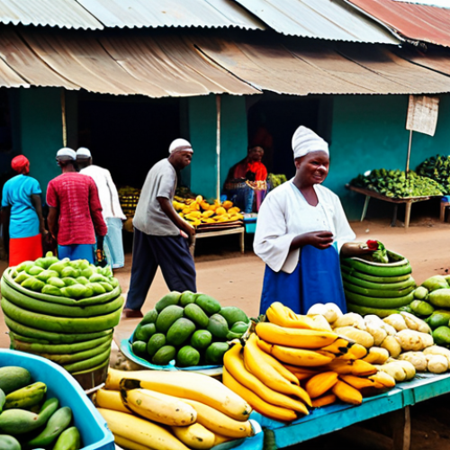 Home 7 **
"A vibrant Gabonese market scene, showcasing local produce like plantains and yams, with fully clothed merchants in traditional, modest attire, selling their goods. In the background, traditional architecture and bustling activity create a lively atmosphere. Safe for work, appropriate content, perfect anatomy, natural proportions, professional photography, family-friendly."
**