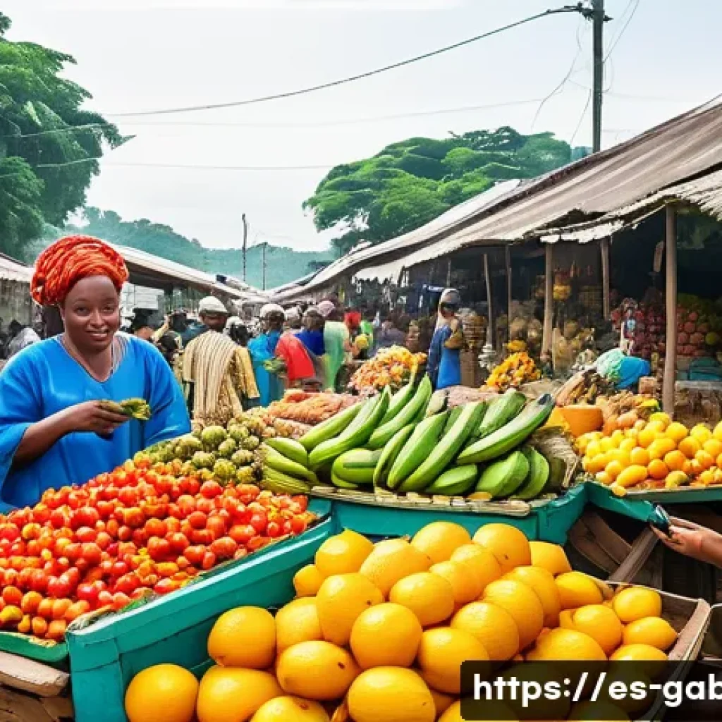 가봉의 프랑스 경제 의존도 - A vibrant Gabonese marketplace scene blending traditional and modern elements: local vendors selling...