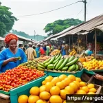 Home 15 가봉의 프랑스 경제 의존도 - A vibrant Gabonese marketplace scene blending traditional and modern elements: local vendors selling...