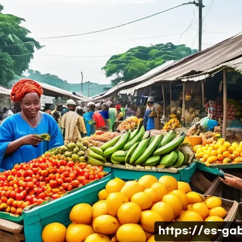 Home 27 가봉의 프랑스 경제 의존도 - A vibrant Gabonese marketplace scene blending traditional and modern elements: local vendors selling...
