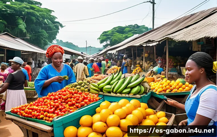 가봉의 프랑스 경제 의존도 - A vibrant Gabonese marketplace scene blending traditional and modern elements: local vendors selling...