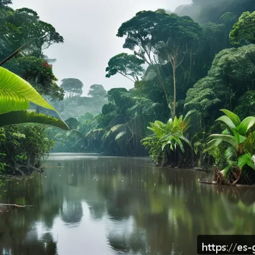 Home 14 가봉의 우기와 건기 - A lush tropical rainforest scene in Gabon during the rainy season, vibrant green foliage covering to...