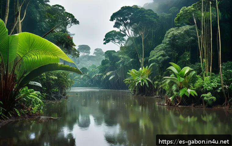 가봉의 우기와 건기 - A lush tropical rainforest scene in Gabon during the rainy season, vibrant green foliage covering to...