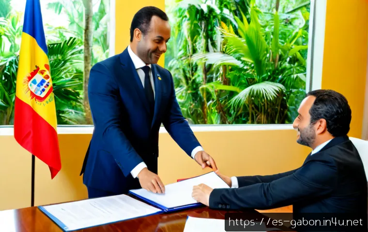 Home 17 가봉과 프랑스 외교 관계 - Photorealistic diplomatic meeting between Gabonese and French representatives in a bright formal con...